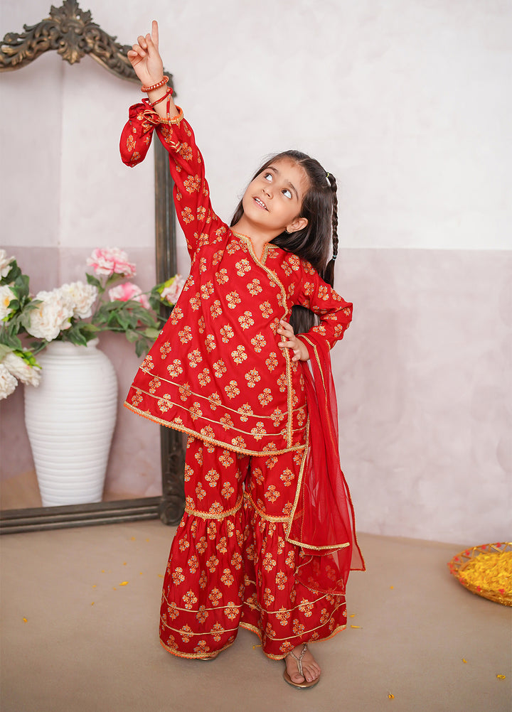 Modest Girls Pret Printed 3 Piece Raw Silk Red Gharara D-13 - Festive Collection