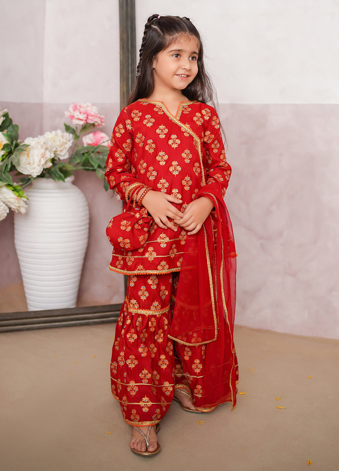 Modest Girls Pret Printed 3 Piece Raw Silk Red Gharara D-13 - Festive Collection