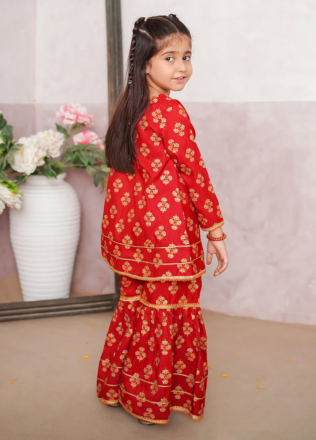 Modest Girls Pret Printed 3 Piece Raw Silk Red Gharara D-13 - Festive Collection