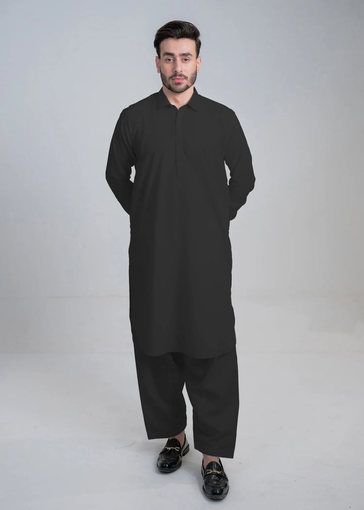 Alif by Buraq Online Mens RTW Solids Wash and Wear Kurta Shalwar Black Collared - Casual Collection