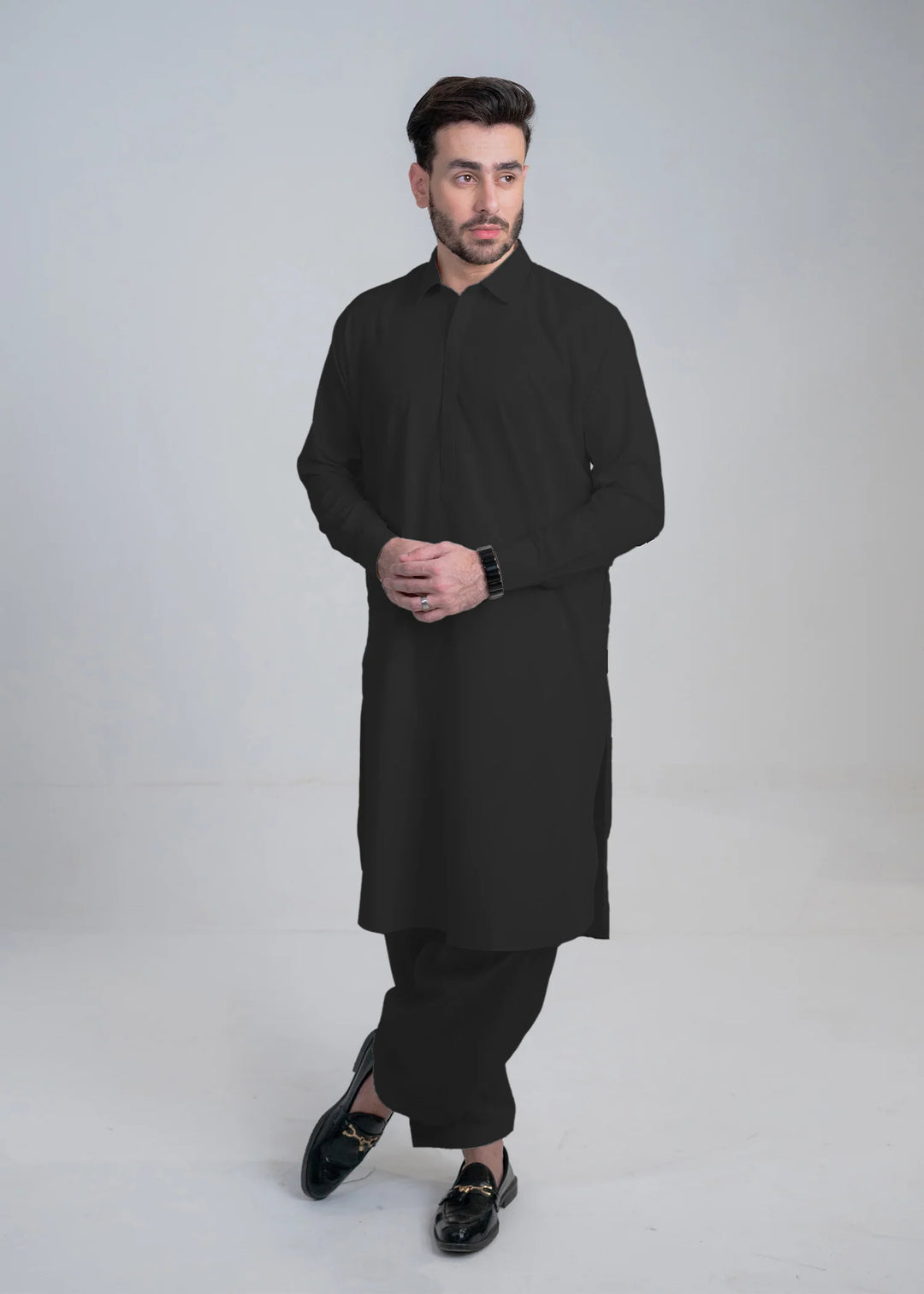 Alif by Buraq Online Mens RTW Solids Wash and Wear Kurta Shalwar Black Collared - Casual Collection