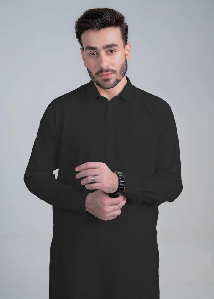 Alif by Buraq Online Mens RTW Solids Wash and Wear Kurta Shalwar Black Collared - Casual Collection