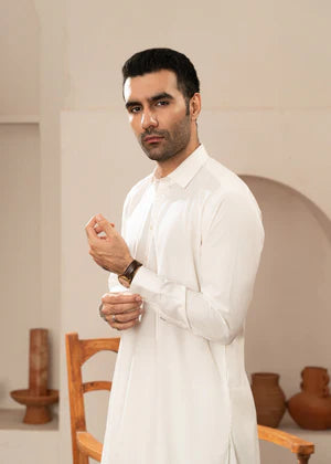 Alif by Buraq Online Mens RTW Solids Wash and Wear Kurta Shalwar White Collared - Casual Collection