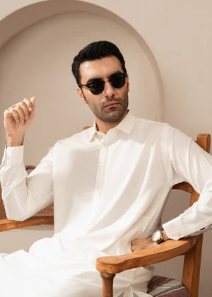 Alif by Buraq Online Mens RTW Solids Wash and Wear Kurta Shalwar White Collared - Casual Collection