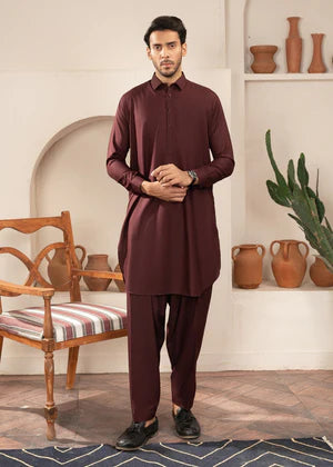 Alif by Buraq Online Mens RTW Solids Wash and Wear Kurta Shalwar Maroon Collared - Casual Collection