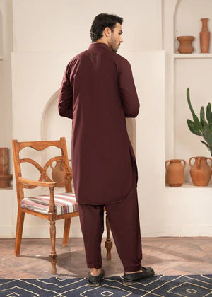 Alif by Buraq Online Mens RTW Solids Wash and Wear Kurta Shalwar Maroon Collared - Casual Collection
