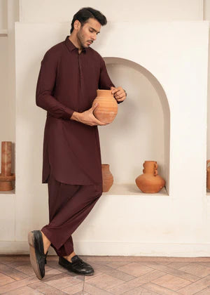 Alif by Buraq Online Mens RTW Solids Wash and Wear Kurta Shalwar Maroon Collared - Casual Collection