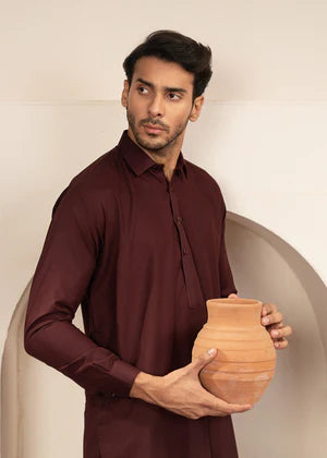 Alif by Buraq Online Mens RTW Solids Wash and Wear Kurta Shalwar Maroon Collared - Casual Collection