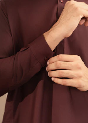 Alif by Buraq Online Mens RTW Solids Wash and Wear Kurta Shalwar Maroon Collared - Casual Collection