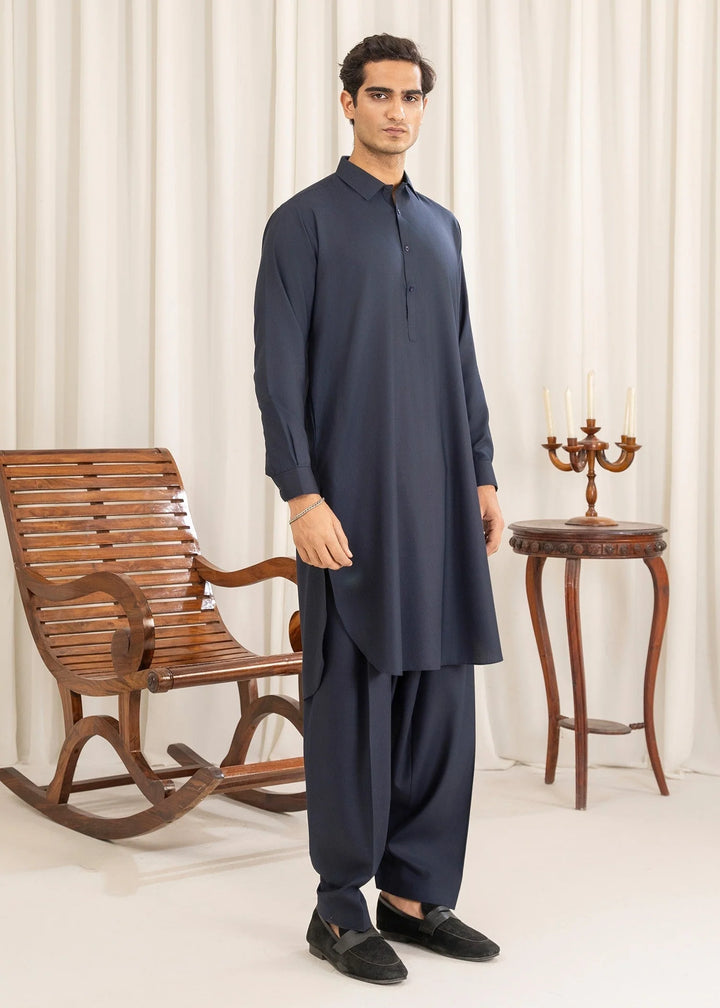 Alif by Buraq Online Mens RTW Solids Wash and Wear Kurta Shalwar Blue Collared - Casual Collection