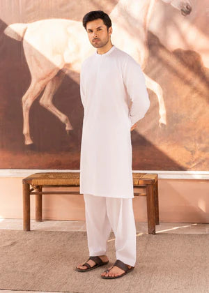 Alif by Buraq Online Mens RTW Solids Wash and Wear Kurta Shalwar White Ban - Casual Collection
