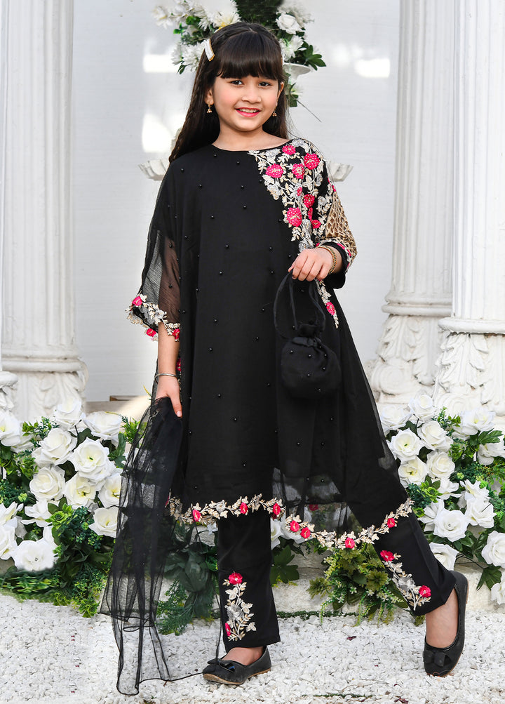 Modest Girls Pret Embroidered Chiffon 3 Piece Suit Black - Wedding Collection