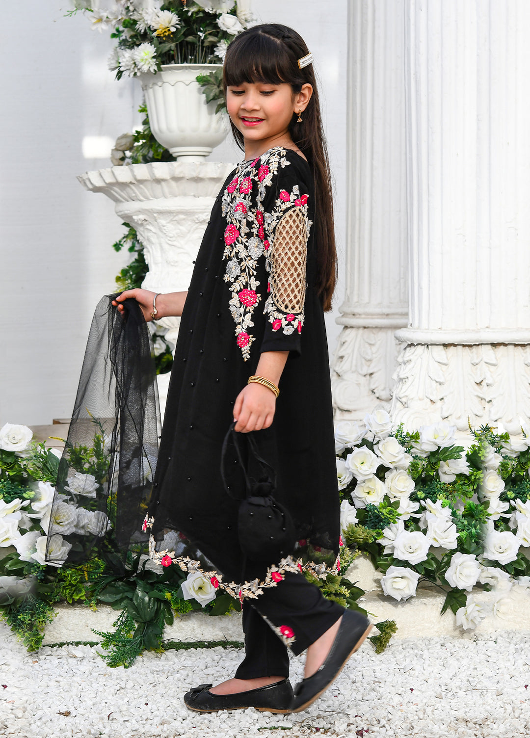 Modest Girls Pret Embroidered Chiffon 3 Piece Suit Black - Wedding Collection