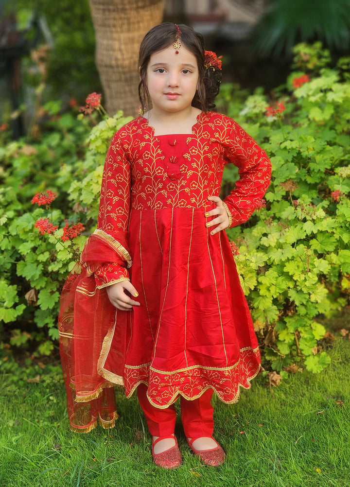 Modest Girls Pret Embroidered Cotton 3 Piece Suit Blooming Red - Wedding Collection