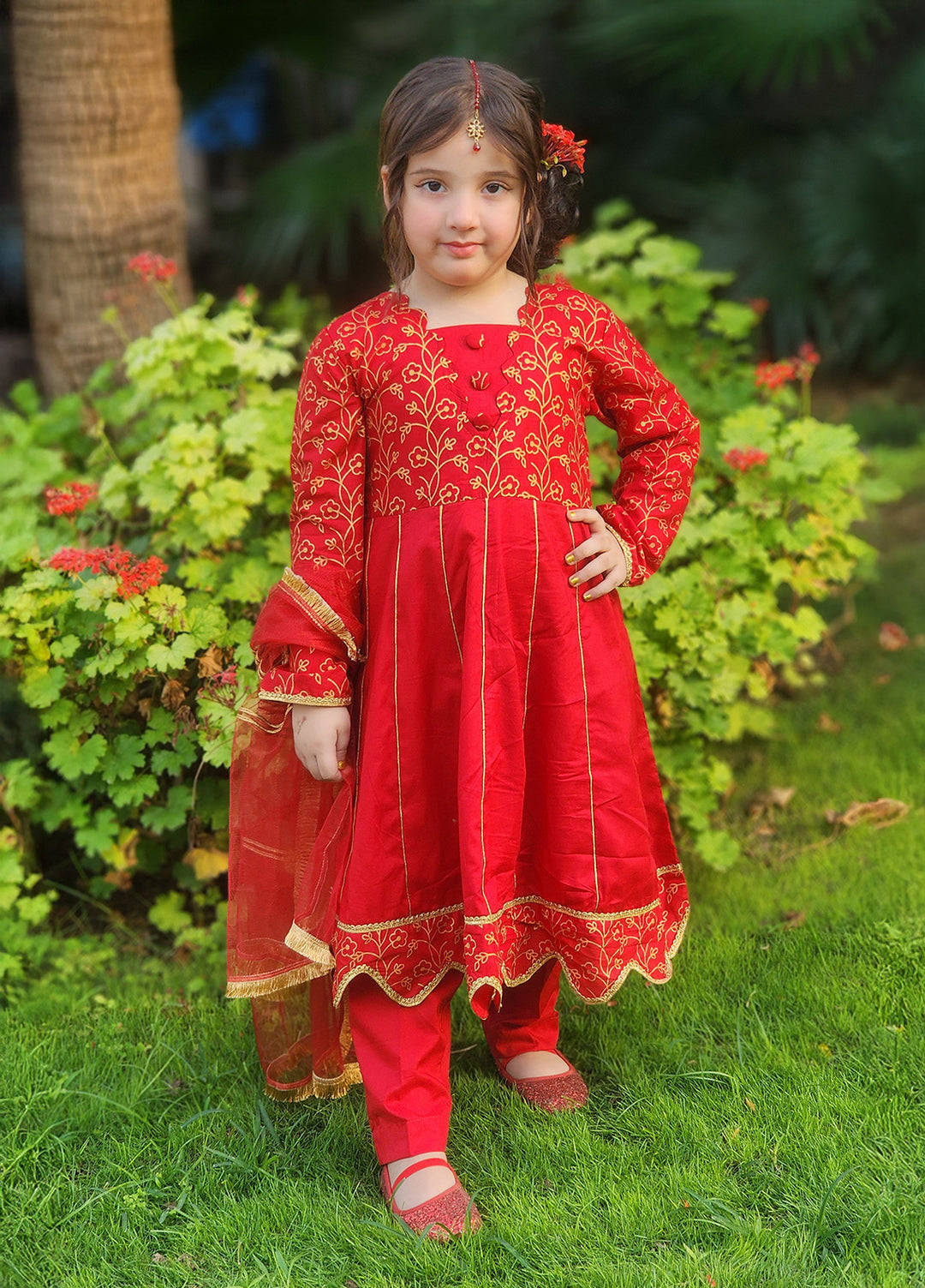 Modest Girls Pret Embroidered Cotton 3 Piece Suit Blooming Red - Wedding Collection