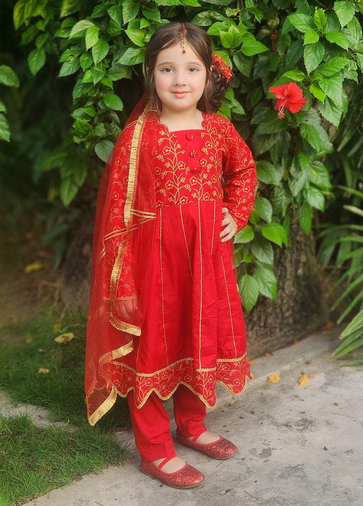 Modest Girls Pret Embroidered Cotton 3 Piece Suit Blooming Red - Wedding Collection
