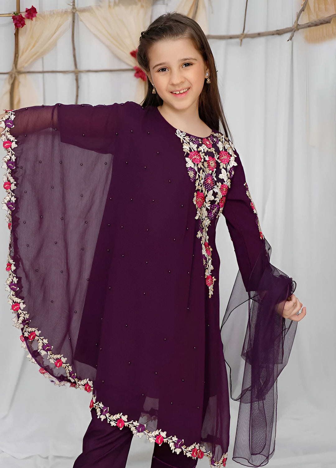 Modest Girls Pret Embroidered Chiffon 3 Piece Suit Purple - Wedding Collection