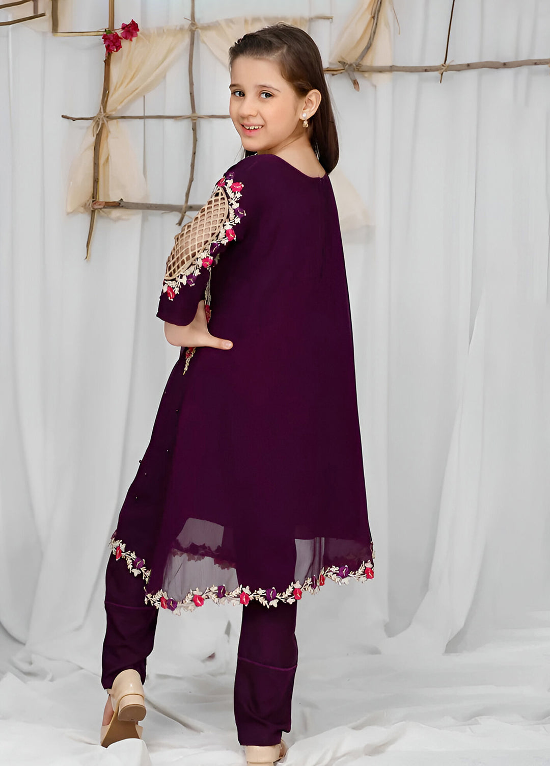 Modest Girls Pret Embroidered Chiffon 3 Piece Suit Purple - Wedding Collection