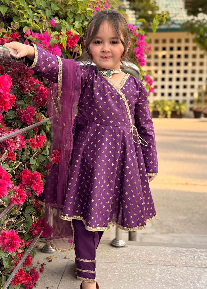 Modest Girls Pret Printed Cotton 3 Piece Suit Purple Adorn - Wedding Collection