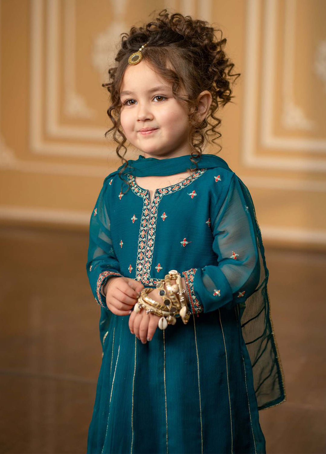 Modest Girls Pret Embroidered Chiffon 3 Piece Suit Green - Wedding Collection