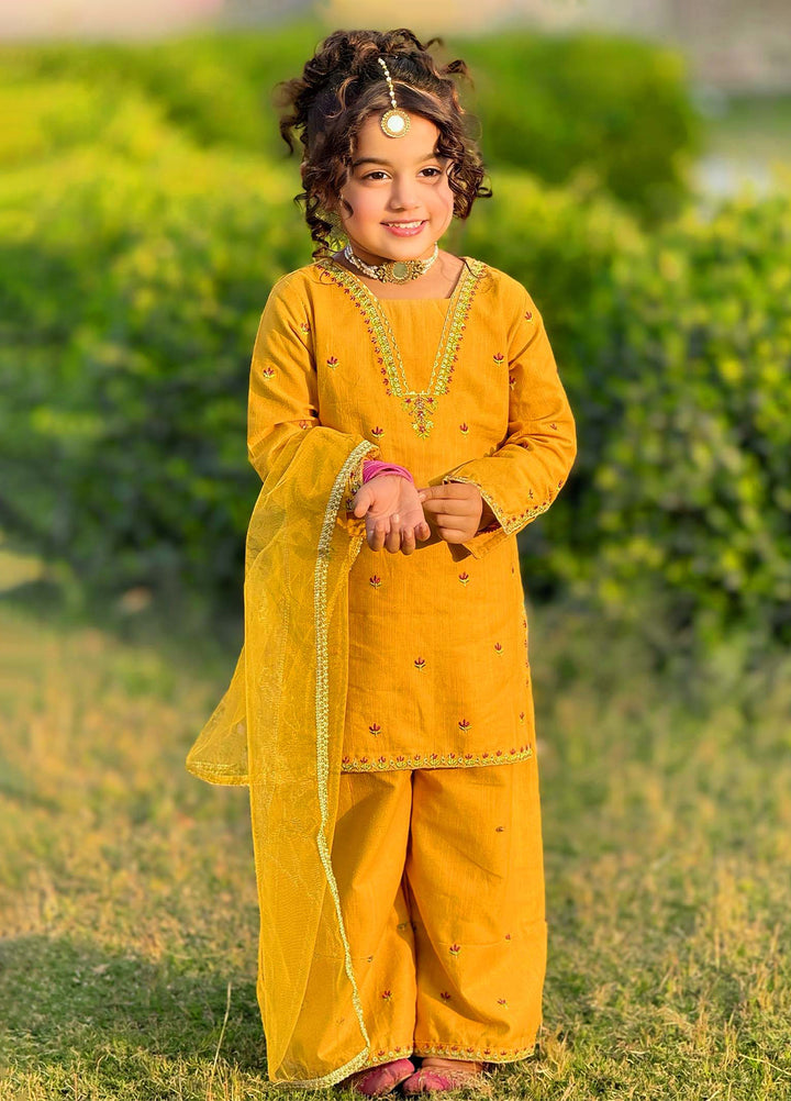 Modest Girls Pret Embroidered Khaddar 3 Piece Suit Yellow - Wedding Collection