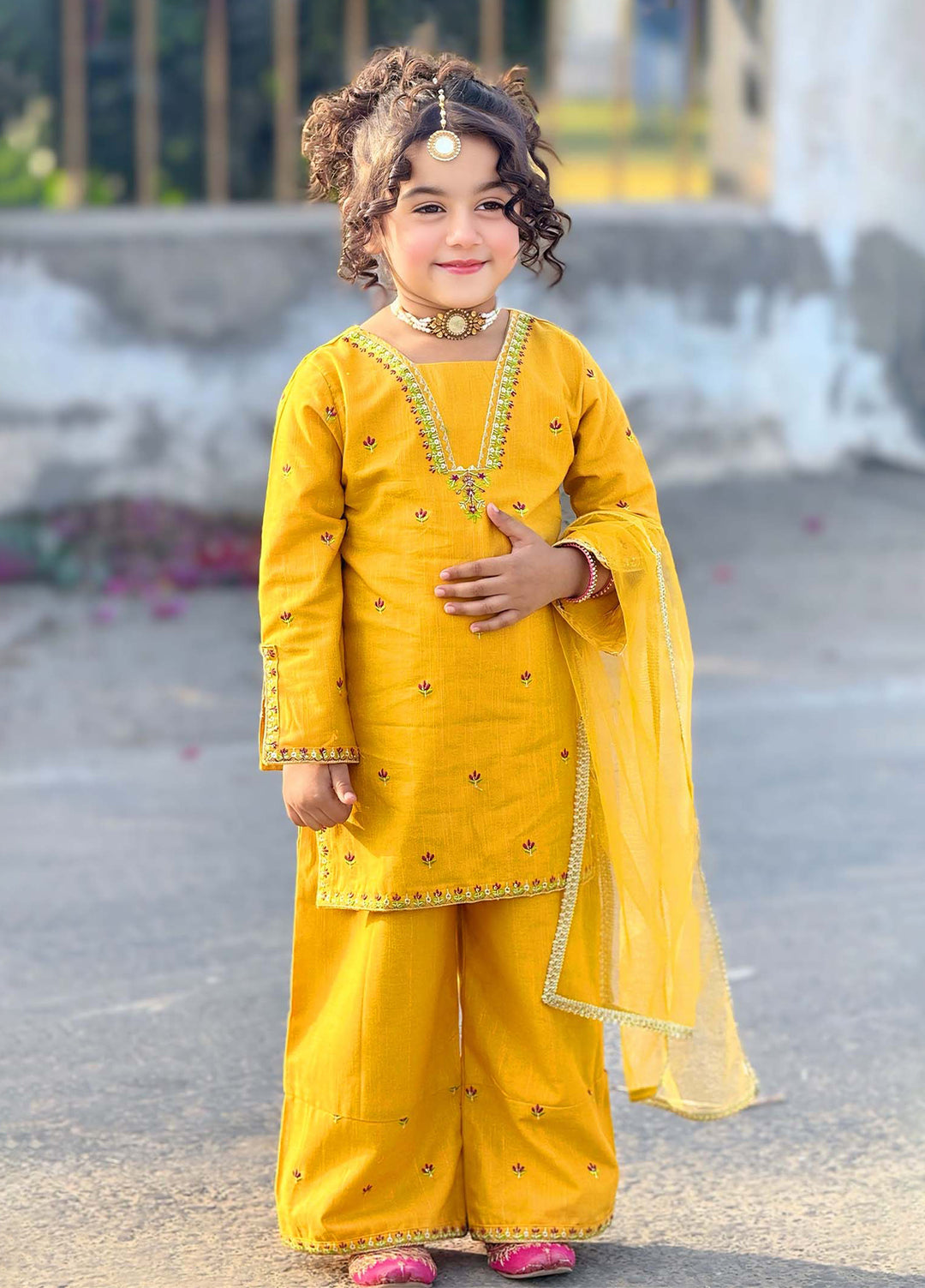 Modest Girls Pret Embroidered Khaddar 3 Piece Suit Yellow - Wedding Collection