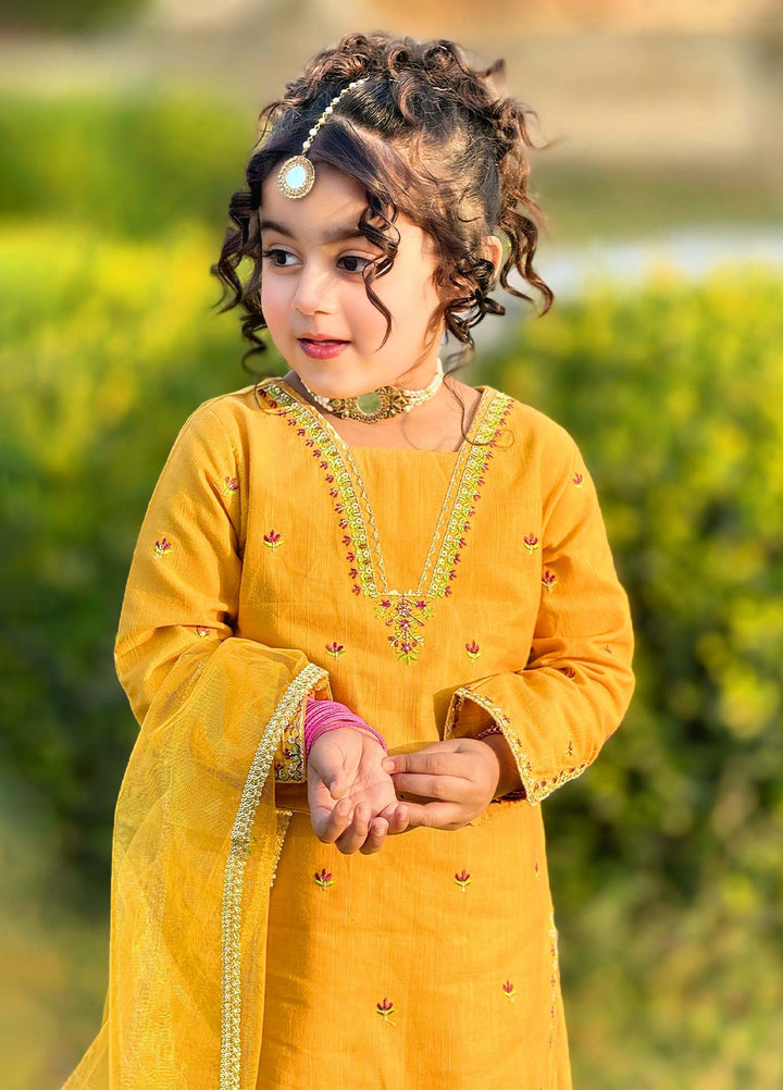 Modest Girls Pret Embroidered Khaddar 3 Piece Suit Yellow - Wedding Collection