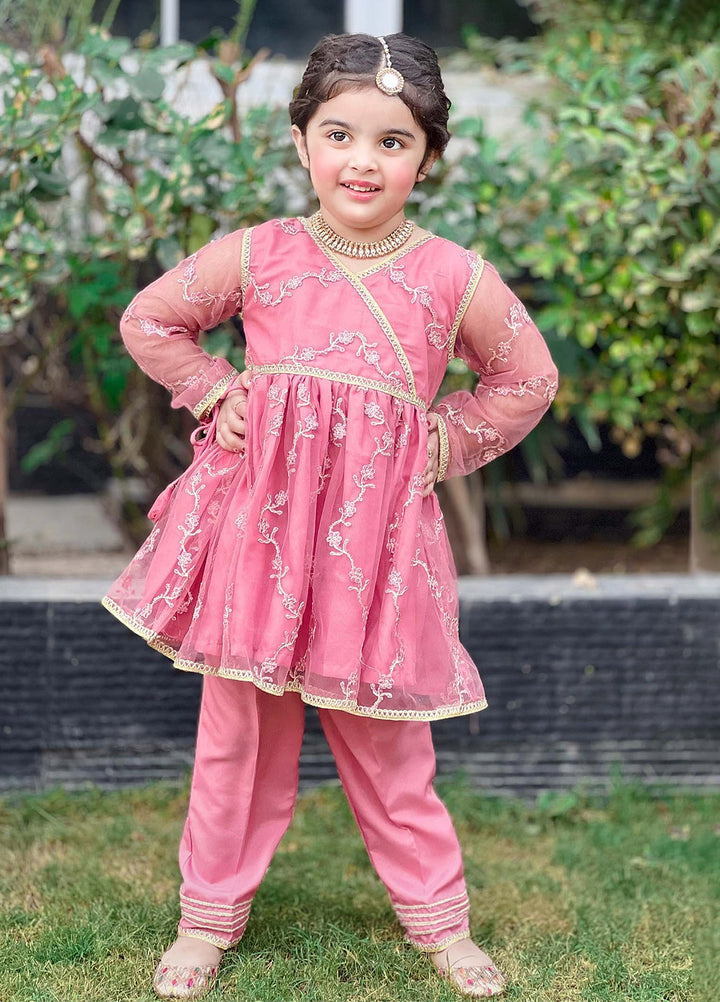 Modest Girls Pret Embroidered Net 3 Piece Suit Tea Pink - Wedding Collection
