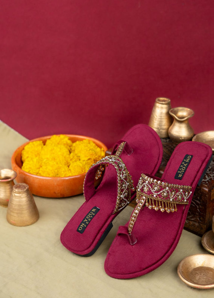 On Your Feets Women Hand work Footwear Maroon Gulnaar - Kolhapuri Collection