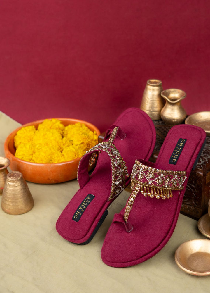 On Your Feets Women Hand work Footwear Maroon Gulnaar - Kolhapuri Collection