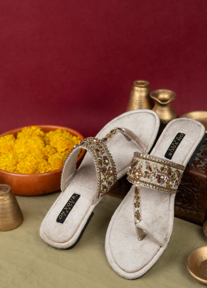 On Your Feets Women Hand work Footwear Off White Zar-e-Ivory Royale - Kolhapuri Collection