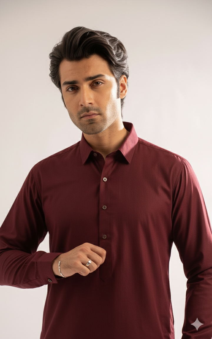 Edge Republic Mens RTW Shalwar Kameez Wash N wear Dark Maroon Premium  - Festive Collection