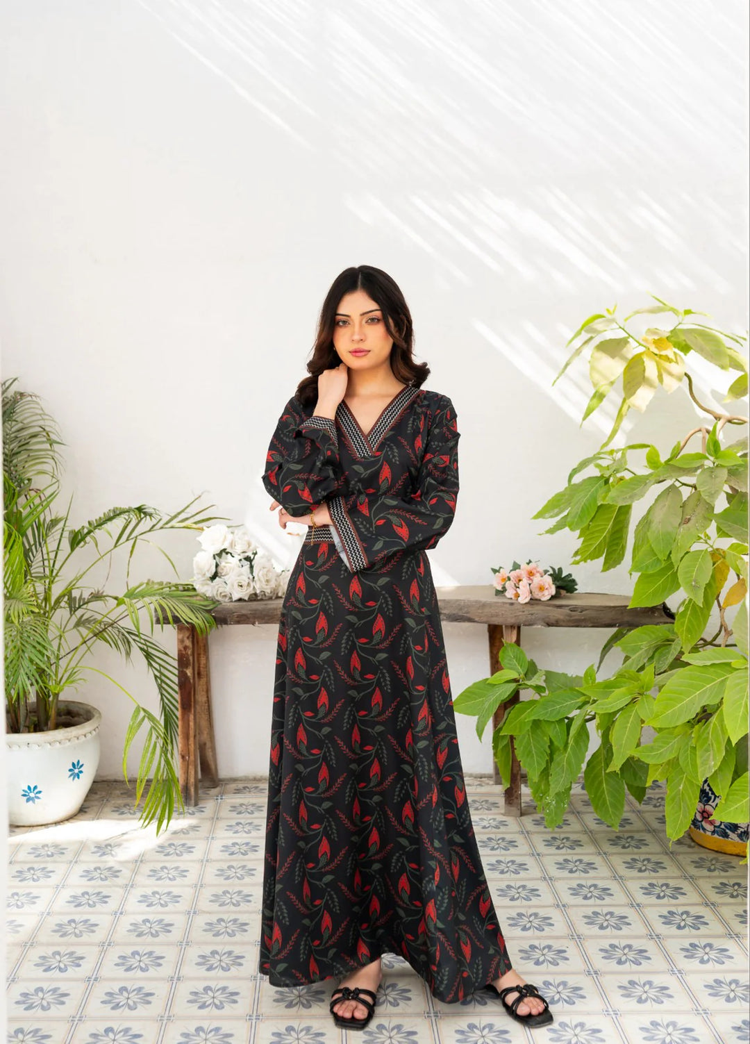 Zauk Women RTW Printed Wrinkle Free Crepe Maxi Suit ZK26RC Charcoal Black Printed Long Dress ZAU-CBPLD - Casual Collection
