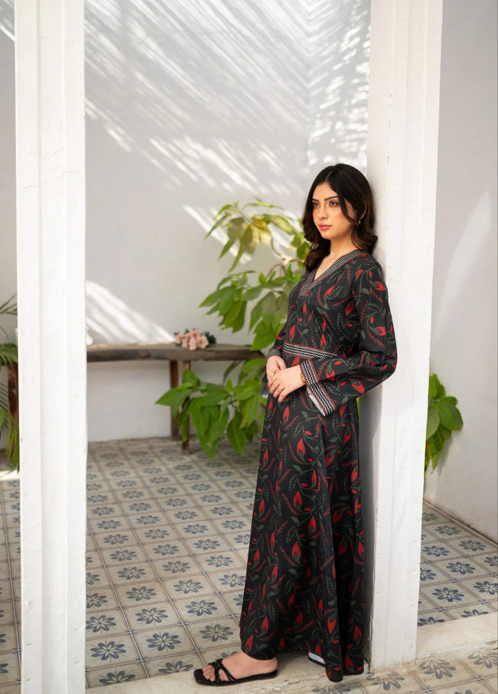 Zauk Women RTW Printed Wrinkle Free Crepe Maxi Suit ZK26RC Charcoal Black Printed Long Dress ZAU-CBPLD - Casual Collection