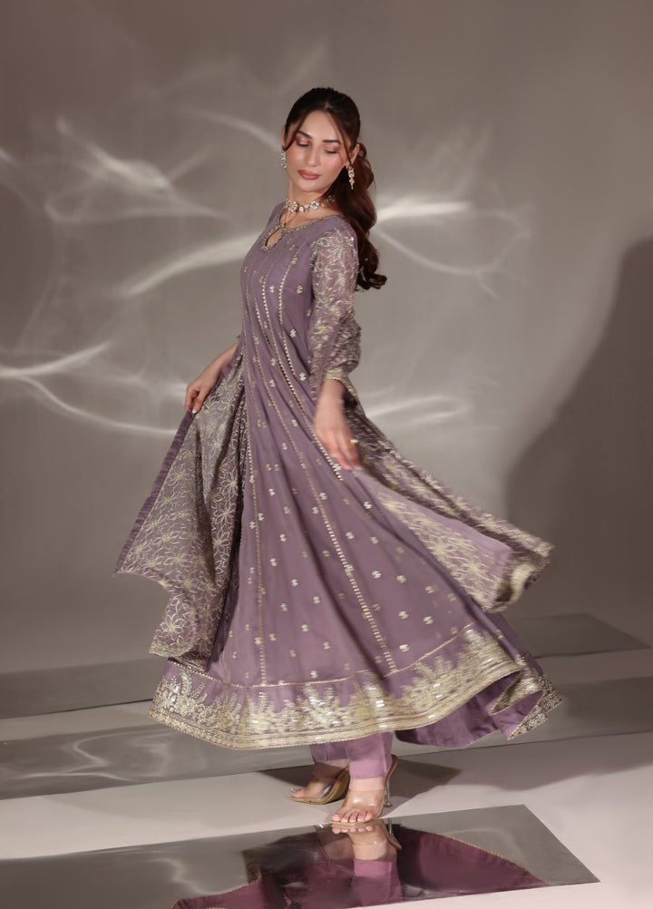 Unss Apparel Women Pret Embroidered Chiffon 3 piece suit Noor Lavender 3 Pieces Suit - Festive Collection