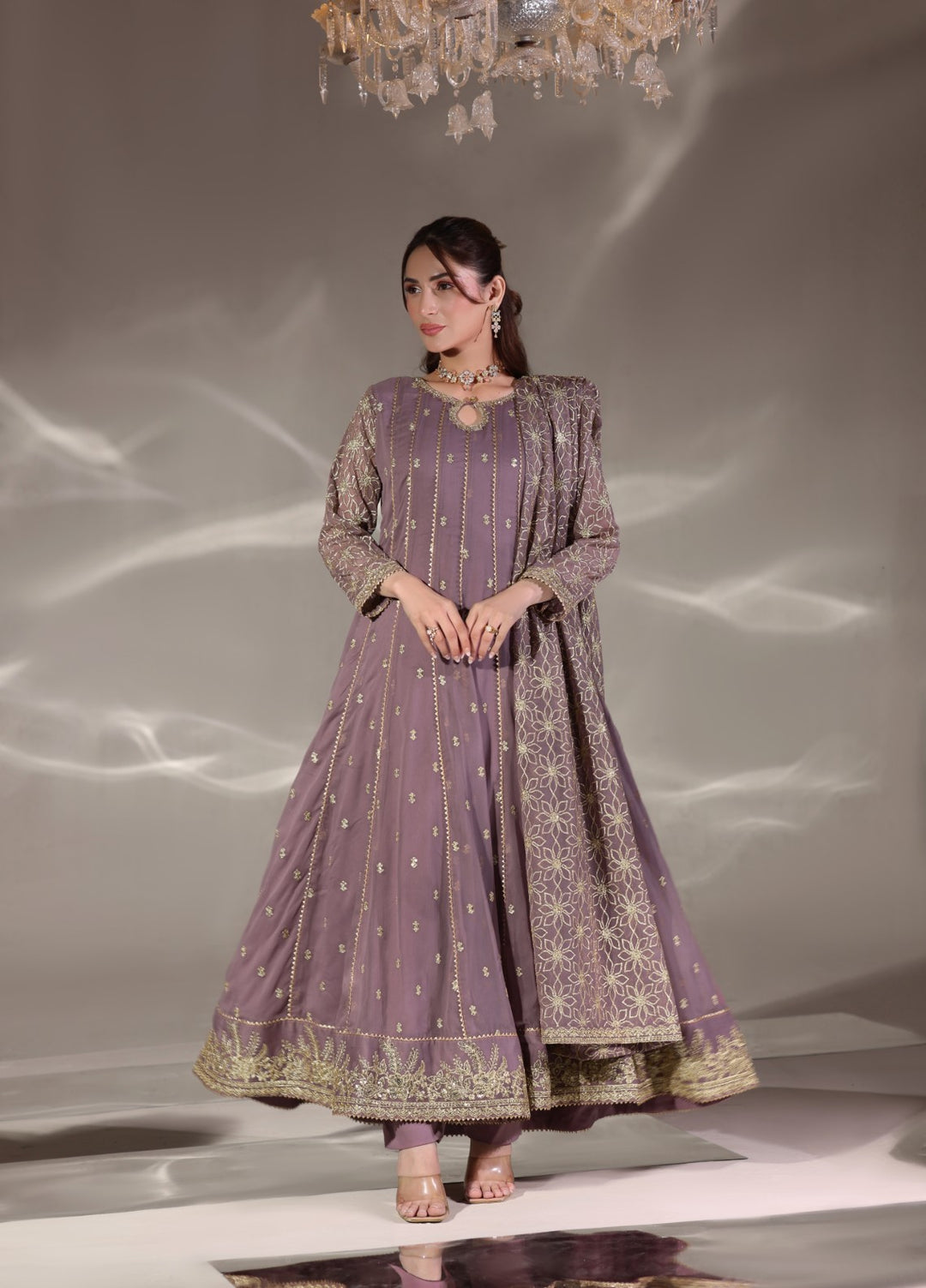 Unss Apparel Women Pret Embroidered Chiffon 3 piece suit Noor Lavender 3 Pieces Suit - Festive Collection