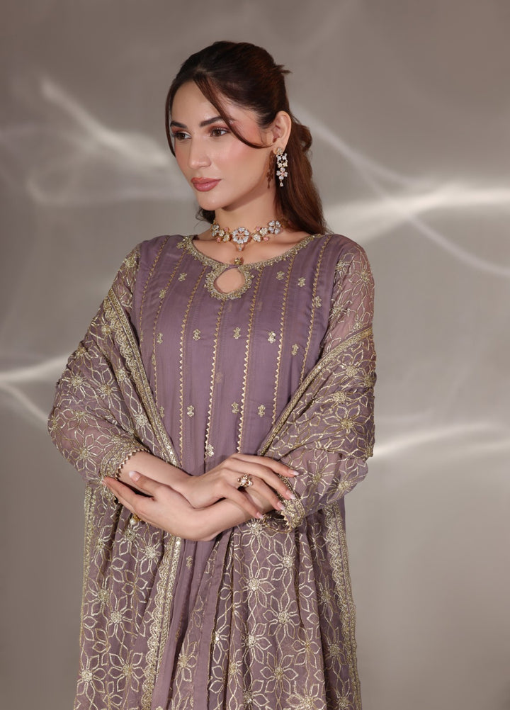 Unss Apparel Women Pret Embroidered Chiffon 3 piece suit Noor Lavender 3 Pieces Suit - Festive Collection