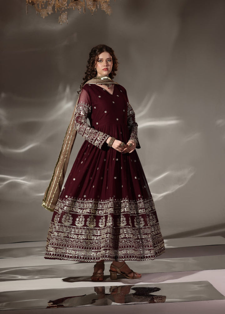 Unss Apparel Women Pret Embroidered Chiffon 3 piece suit Miraal Maroon 3 Pieces Suit - Festive Collection