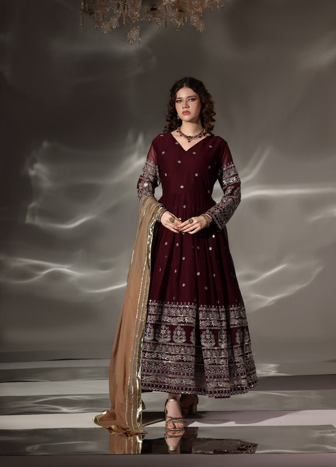 Unss Apparel Women Pret Embroidered Chiffon 3 piece suit Miraal Maroon 3 Pieces Suit - Festive Collection