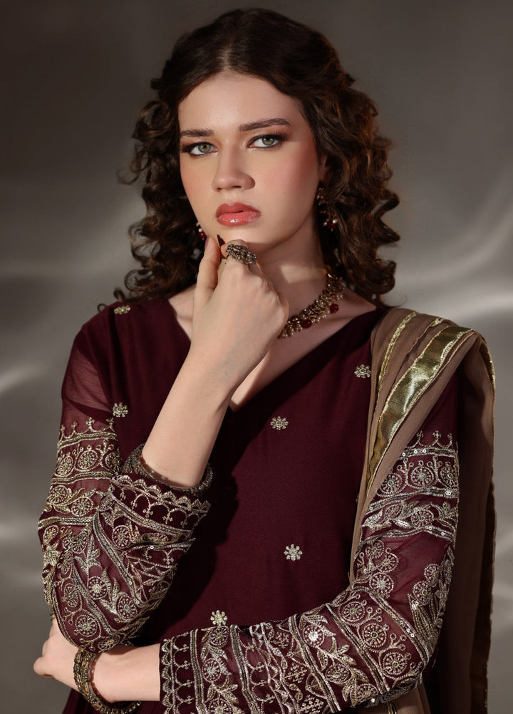 Unss Apparel Women Pret Embroidered Chiffon 3 piece suit Miraal Maroon 3 Pieces Suit - Festive Collection