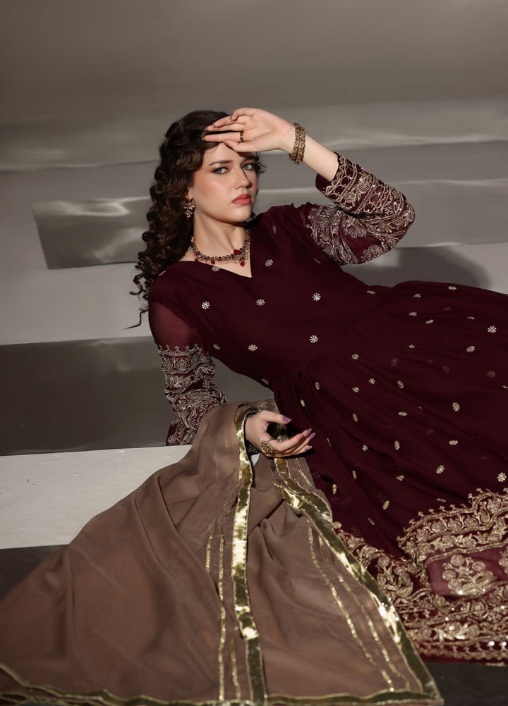 Unss Apparel Women Pret Embroidered Chiffon 3 piece suit Miraal Maroon 3 Pieces Suit - Festive Collection