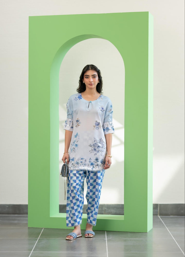 Eid Ki Misaal by Ayesha Somaya RTW Printed Lawn Silk 2 Piece Suit Cool Tide - Eid Collection