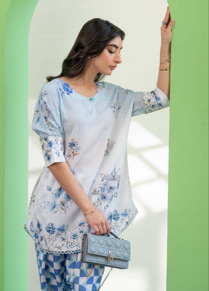 Eid Ki Misaal by Ayesha Somaya RTW Printed Lawn Silk 2 Piece Suit Cool Tide - Eid Collection