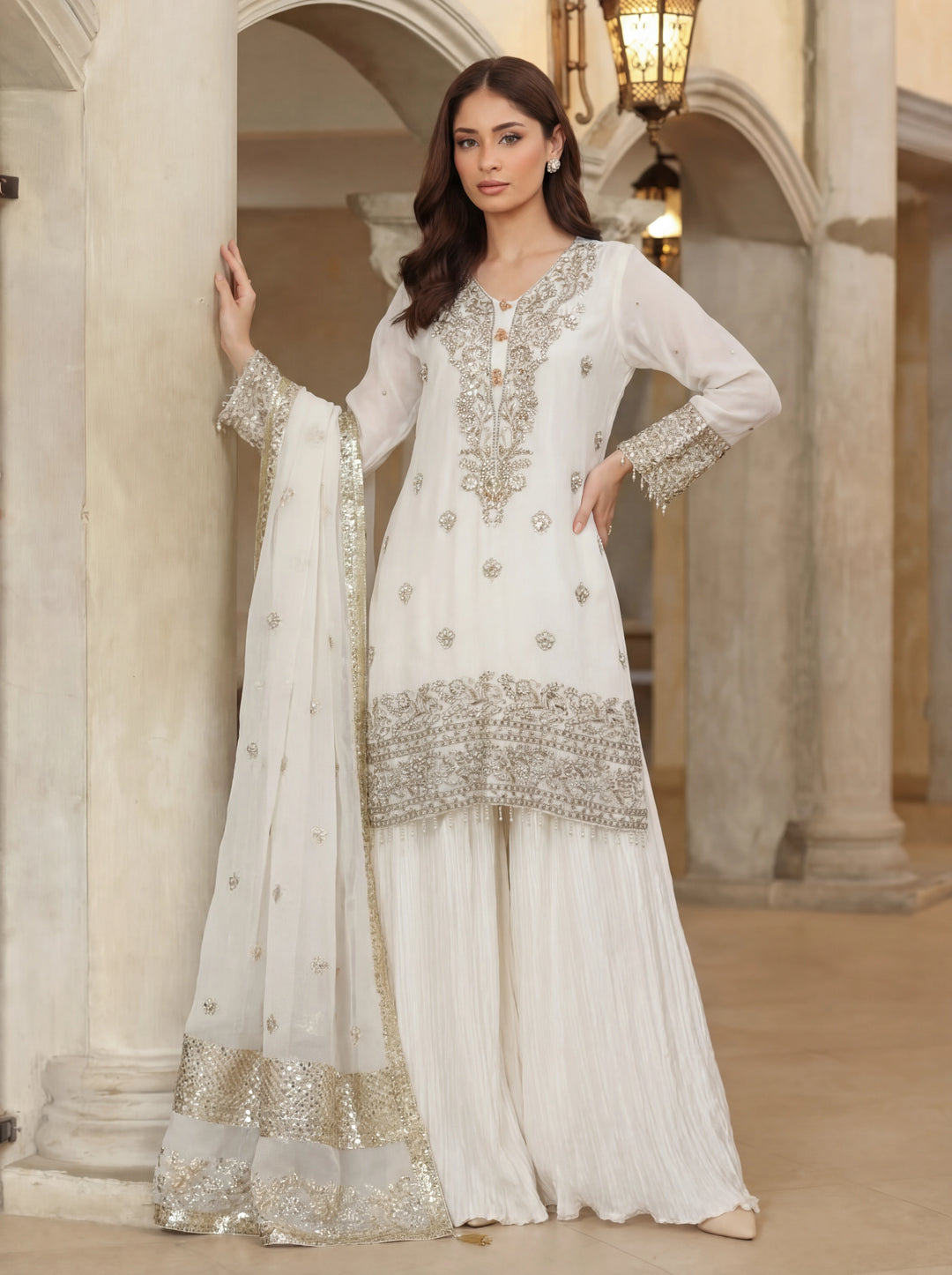 Ramz o Raaz by Ruby Suleiman Pret Hand work Raw Silk 3 Piece Suit Ivory Whisper - Festive Collection