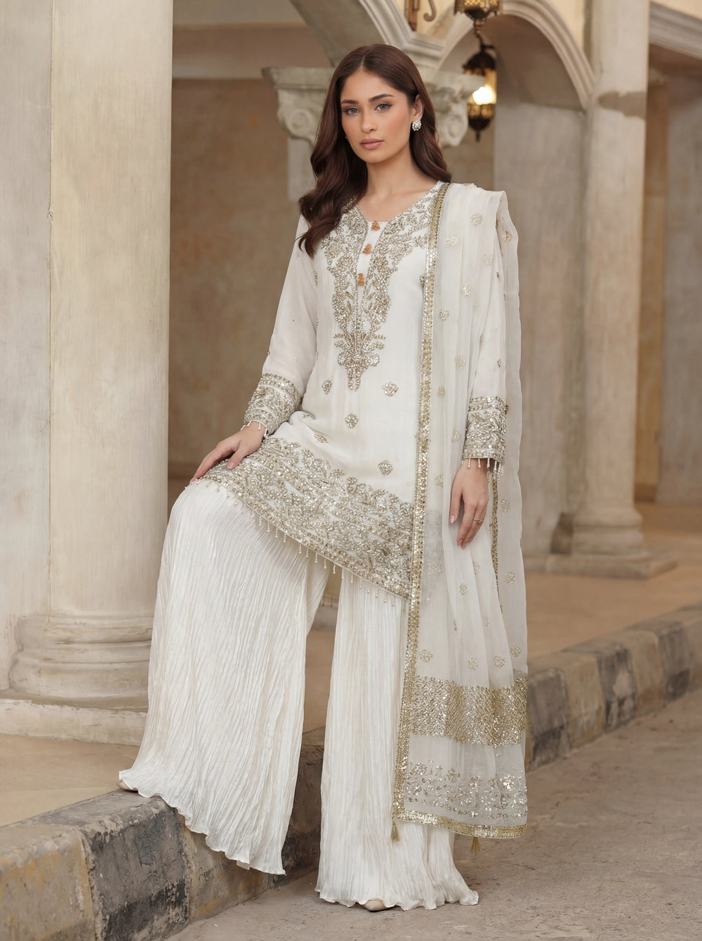 Ramz o Raaz by Ruby Suleiman Pret Hand work Raw Silk 3 Piece Suit Ivory Whisper - Festive Collection