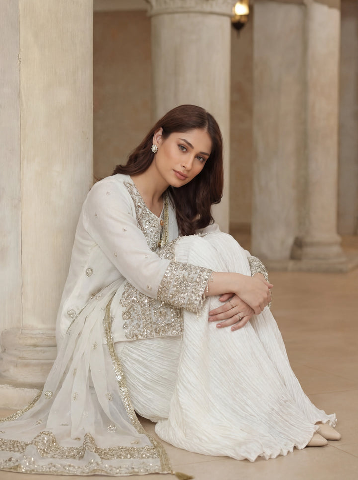 Ramz o Raaz by Ruby Suleiman Pret Hand work Raw Silk 3 Piece Suit Ivory Whisper - Festive Collection