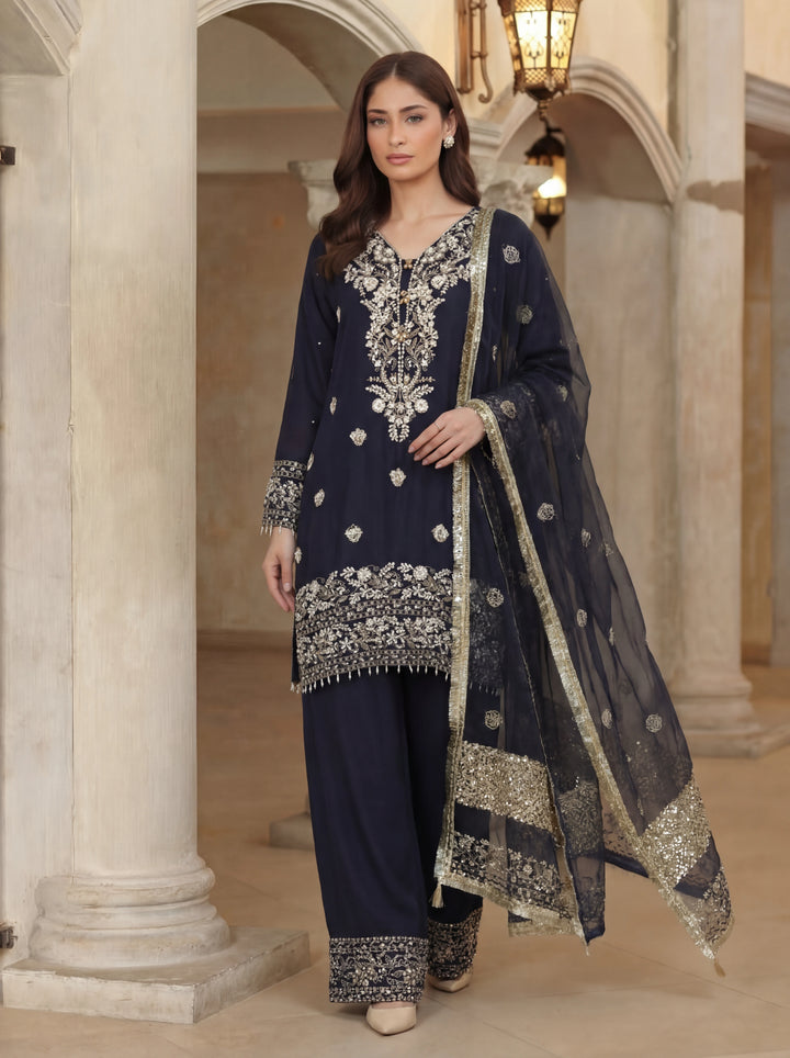 Ramz o Raaz by Ruby Suleiman Pret Hand work Raw Silk 3 Piece Suit Midnight Navey - Festive Collection