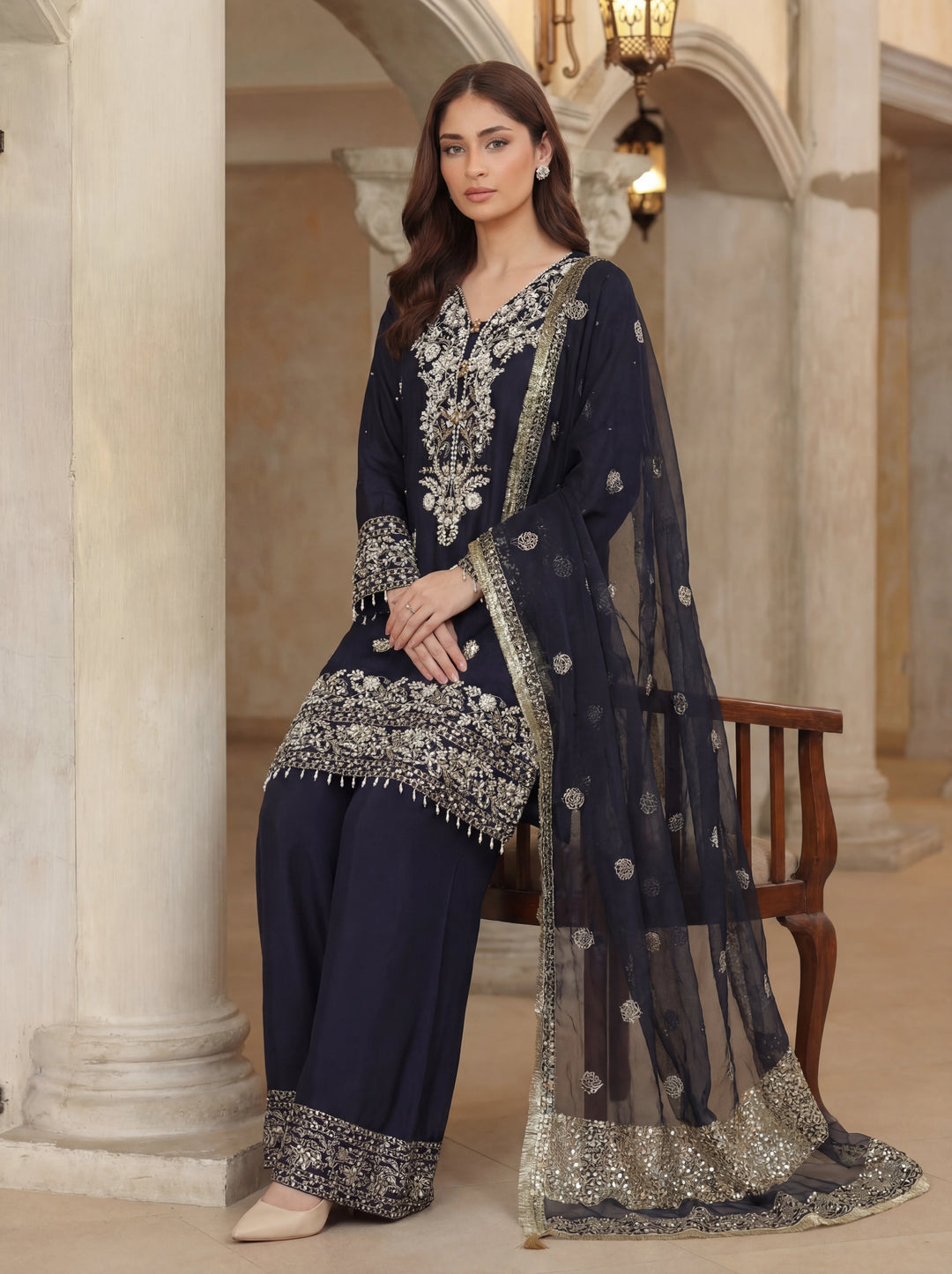 Ramz o Raaz by Ruby Suleiman Pret Hand work Raw Silk 3 Piece Suit Midnight Navey - Festive Collection