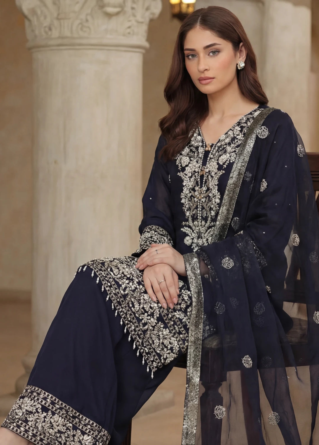 Ramz o Raaz by Ruby Suleiman Pret Hand work Raw Silk 3 Piece Suit Midnight Navey - Festive Collection
