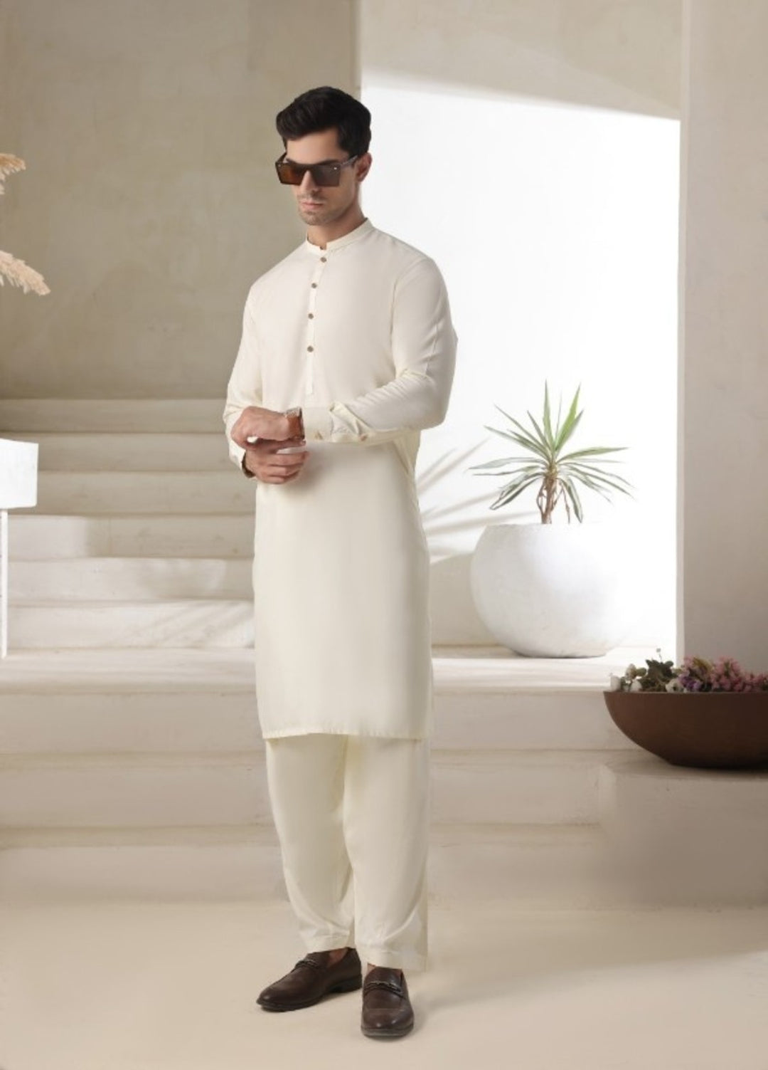 Bazm E Riwayat by Bin Musab Men Kurta Pajama Blended 2 Piece Butterscotch Cream - Festive Collection